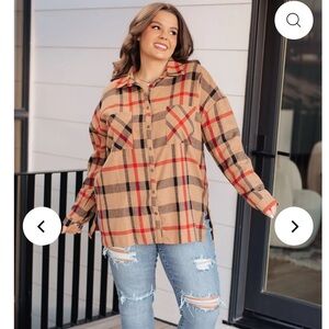Andree by Unit Is It Really Oversized Plaid Button Up Tan